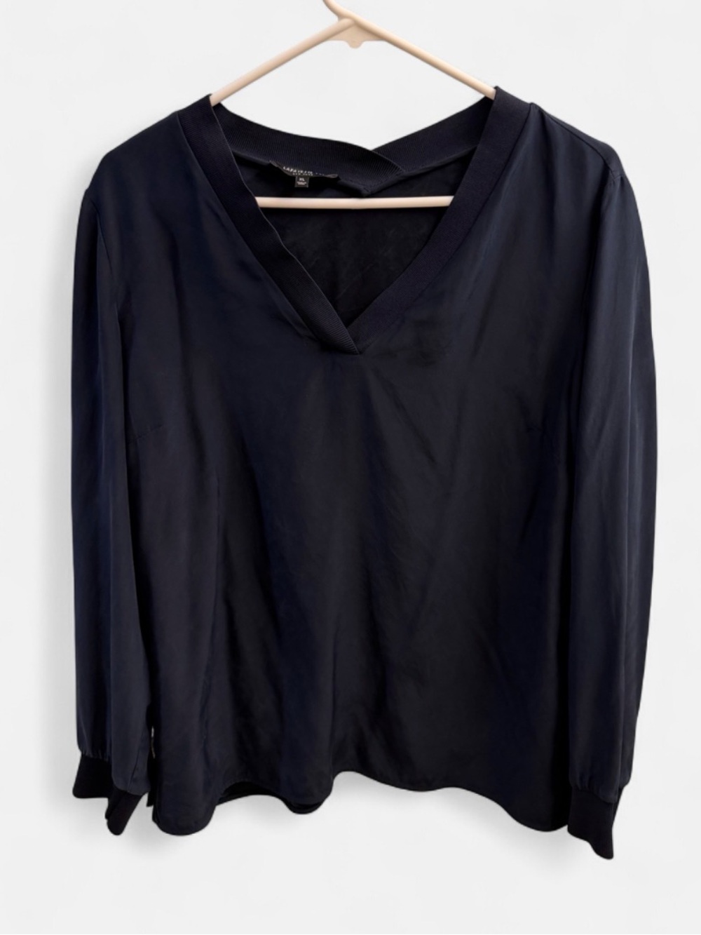 Lafayette 148 New York Navy Silk V-Neck Blouse Size XL